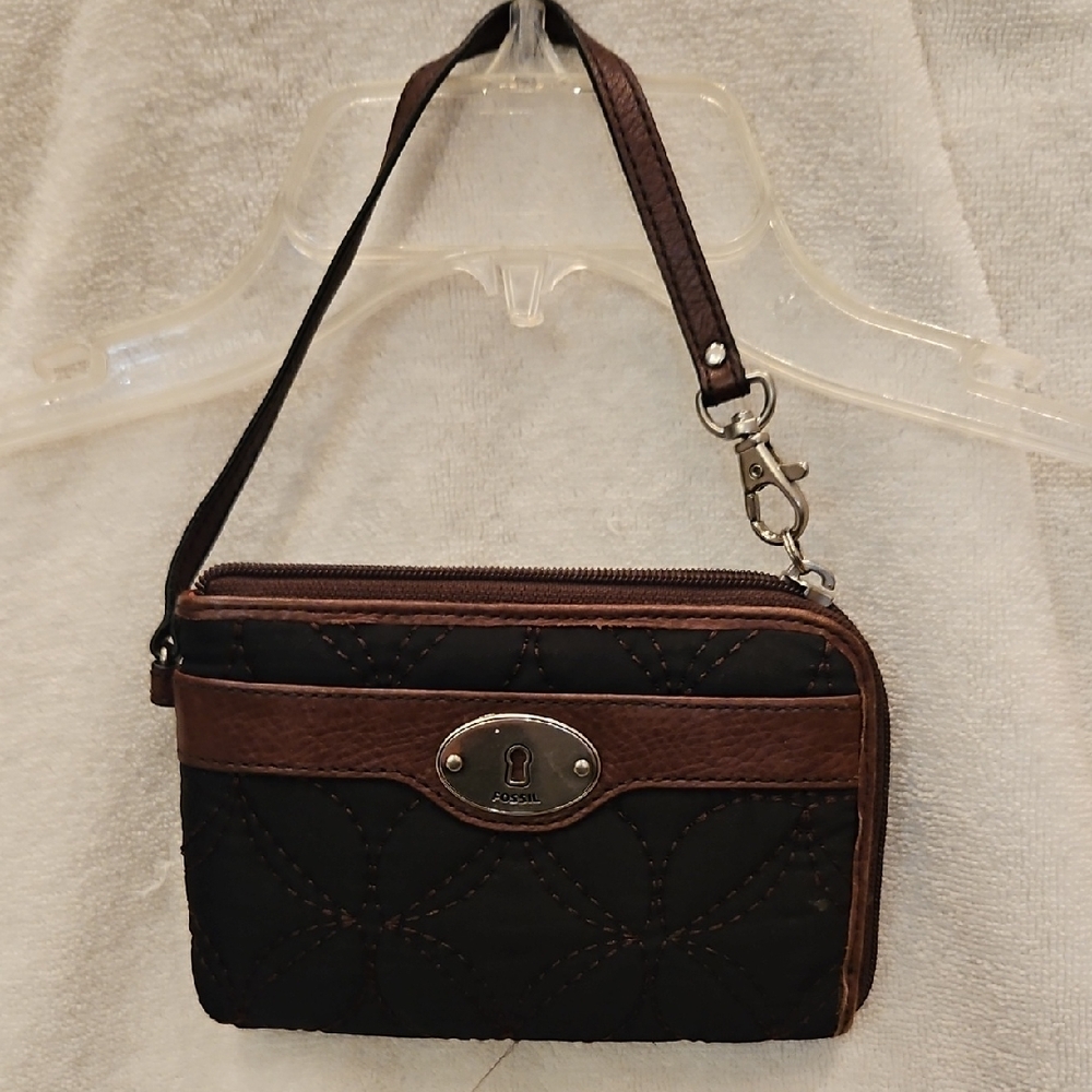Foasil Black and Brown Quilted Wristlet